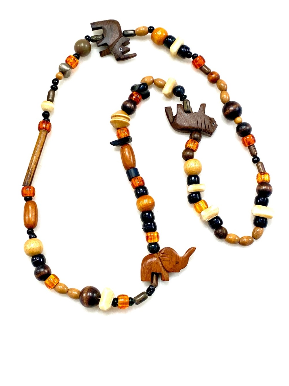 Earthy Eclectic Carved Wood Safari Animal Bead Long Strand Boho Toggle Necklace